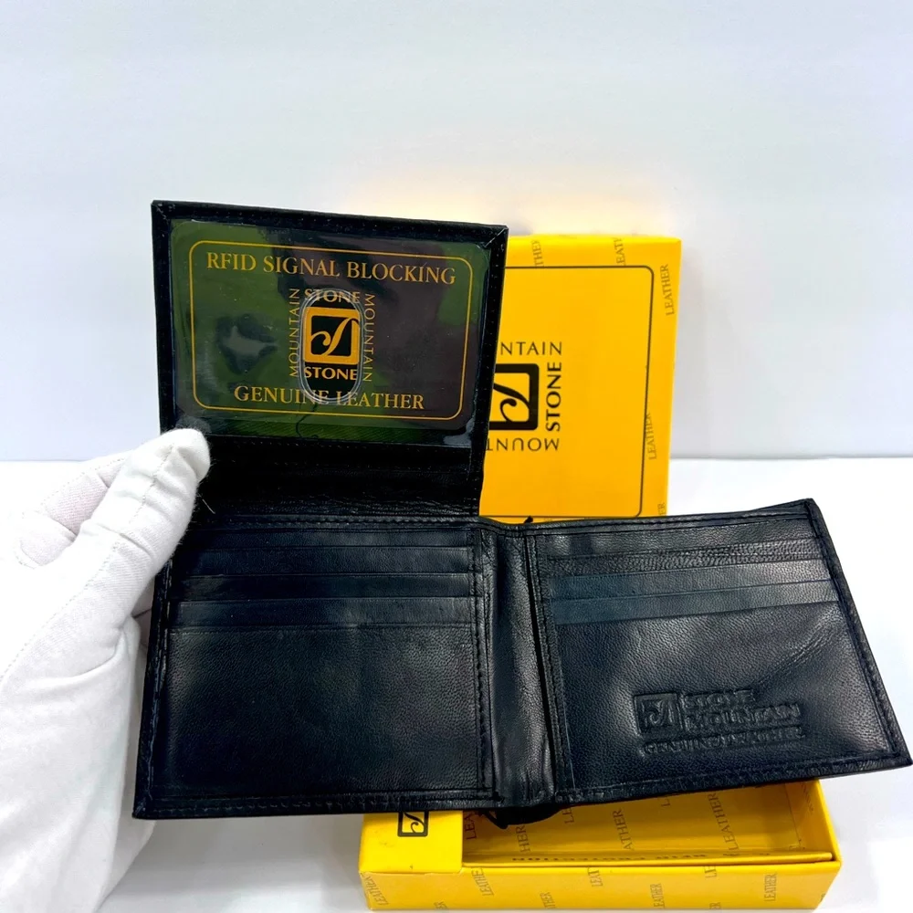 ⭐️STONE MOUNTAIN💯MENS BLACK LEATHER WALLET W/RFID PROTECTION, INTERIOR ZIPPER